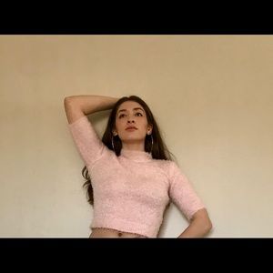 Pink fluffy crop top turtle neck sweater